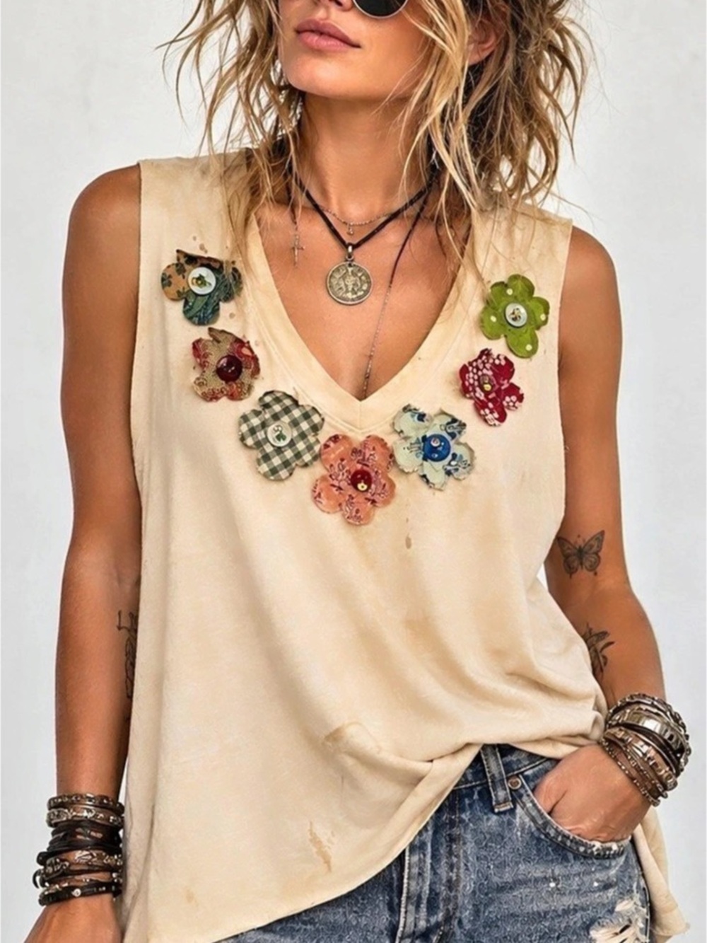 Upcycled distressed stained grunge Embellished Muscle Tee in Beige Size XL